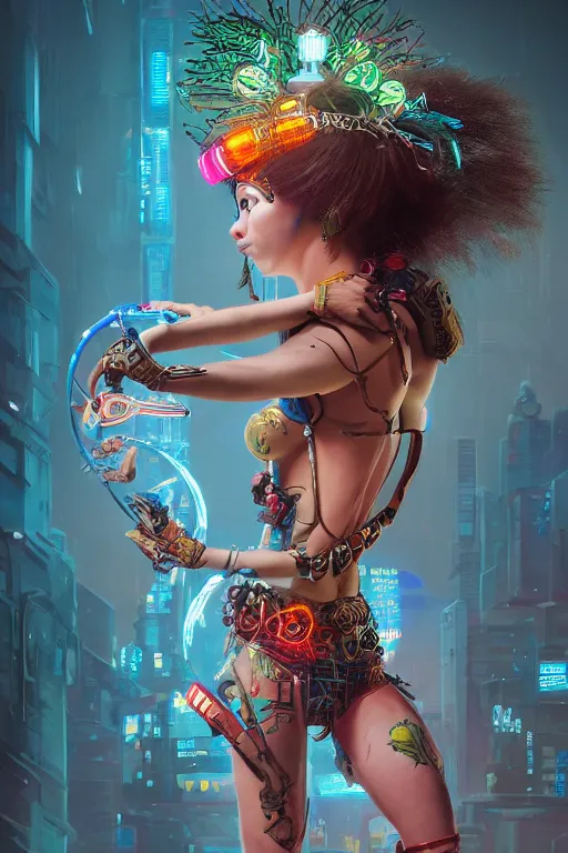 Image similar to An epic fantasy comic book style full body portrait painting of a very beautiful cyberpunk Hula Dancer, character design by Mark Ryden and Pixar and Hayao Miyazaki, unreal 5, DAZ, hyperrealistic, octane render, cosplay, RPG portrait, dynamic lighting, intricate detail, cinematic