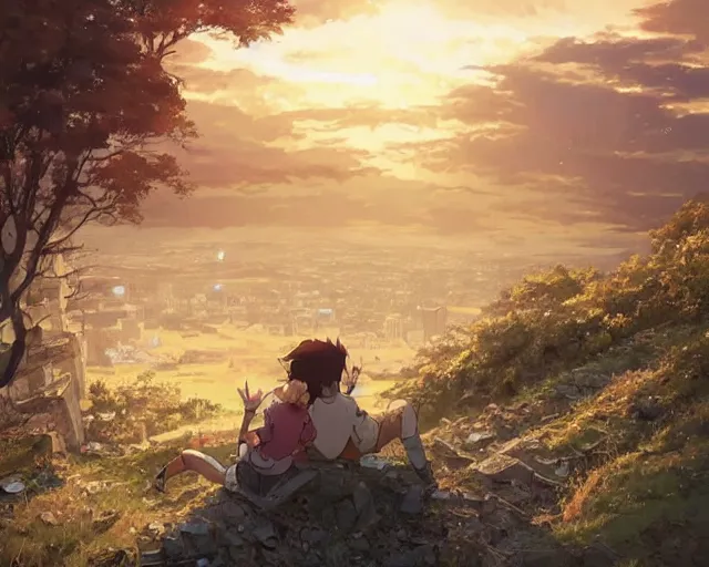 Prompt: a boy and a girl sitting on a hill overlooking the apocalyptic ruins of a city, rubble, ruins, post-apocalyptic, gloomy, end of the world, dust. Girl has long, flowing auburn hair. By Makoto Shinkai, Stanley Artgerm Lau, WLOP, Rossdraws, James Jean, Andrei Riabovitchev, Marc Simonetti, krenz cushart, Sakimichan, D&D trending on ArtStation, digital art.