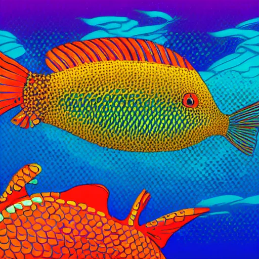 Image similar to one stylized fish with saturated colors viewed in profile in the ocean filled with very desaturated colors and complex sparkles and patterns, artstation, intricate, realistic, highly detailed, digital painting, concept art, sharp focus, illustration by tom whalen and charles williams and kilian eng and james jean