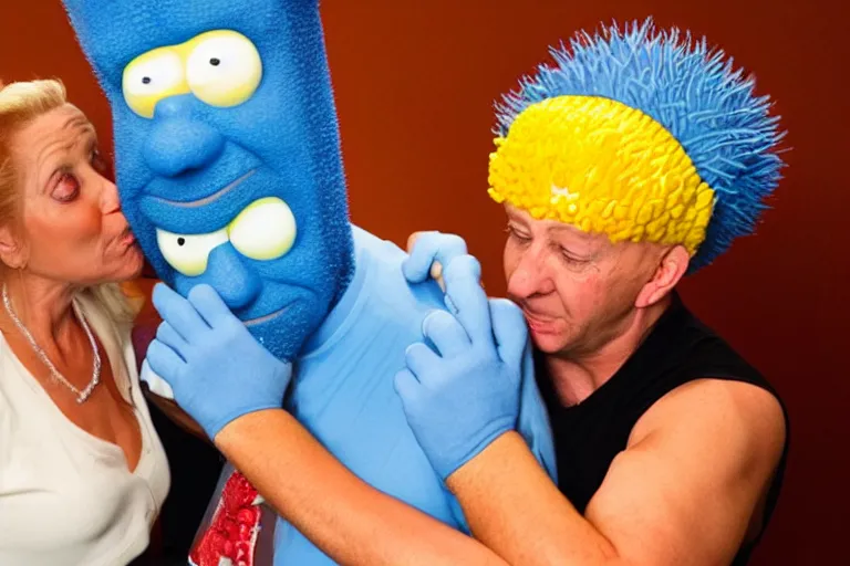 Image similar to a real life marge simpson kissing a real life homer simpson