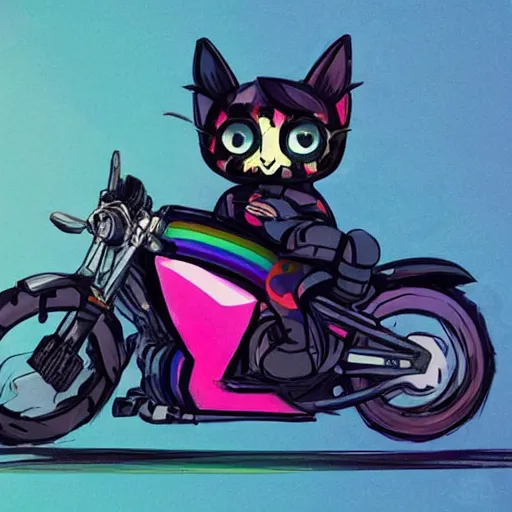 Image similar to wide angle full body, jacket wearing fluffy cute rainbow kitten wearing a black leather motorcycle jacket, riding on a motorcycle, cinematic concept art