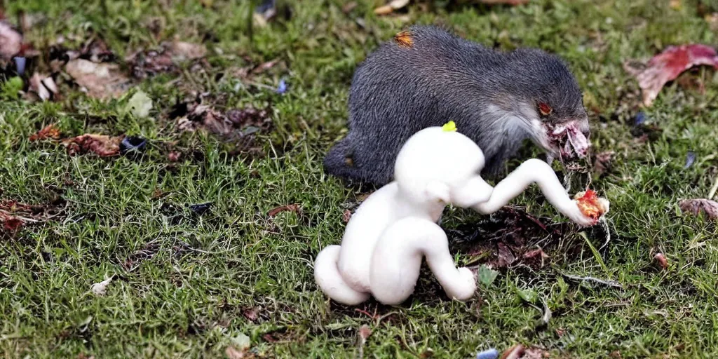 Prompt: tiny imp cryptid eating a dead animal in a front yard, news paper photo