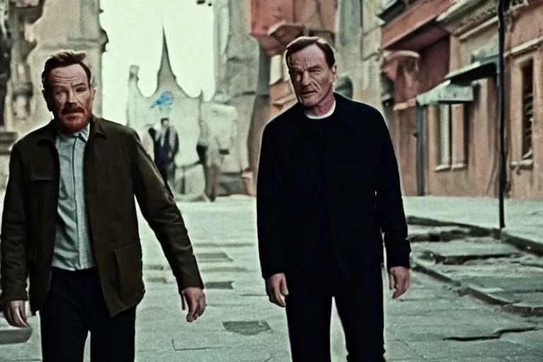 Image similar to film still of bryan cranston and jungkook in cosmic horror! the musical by david cronenberg, walking together, budapest street background, 3 5 mm film, atmospheric, ultra fine detail, film grain, photorealistic, hyperrealistic dramatic lighting