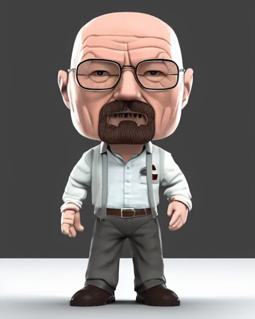 Image similar to full body 3d render of Walter White as a funko pop, studio lighting, white background, blender, trending on artstation, 8k, highly detailed