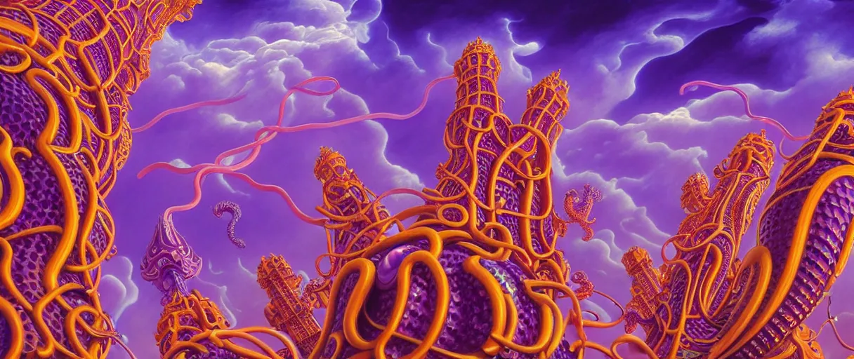 Prompt: hyper-ornate sky city of barcelona on giant orange and purple cyborg tentacles coming out of puffy clouds matte painting concept art alex grey kay sage sorayama cinematic soft red lighting high angle hd 8k sharp shallow depth of field