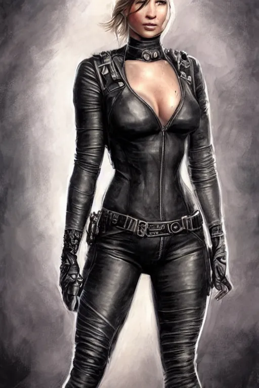 Image similar to muscled Jennifer Lawrence as a ruggedly handsome heroine , dressed in biker leather, intricate, elegant, highly detailed, centered, digital painting, artstation, concept art, smooth, sharp focus, illustration, art by artgerm and donato giancola and Joseph Christian Leyendecker, Ross Tran, WLOP