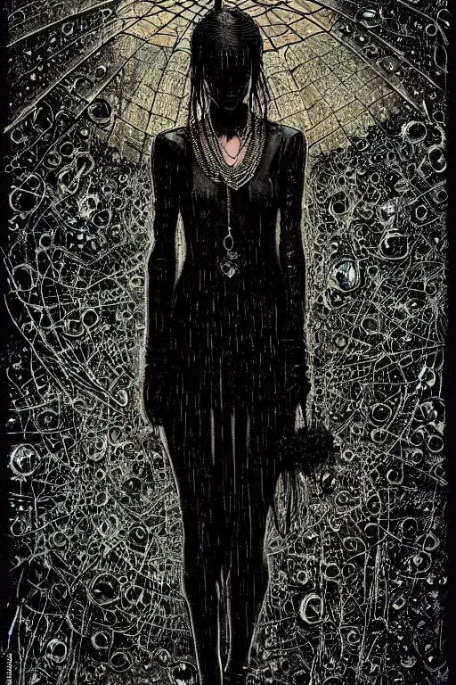 Image similar to dreamy gothic girl, black leather slim clothes, chains, strong rain night, beautiful slim body, detailed acrylic, grunge, intricate complexity, by dan mumford and by alberto giacometti, peter lindbergh