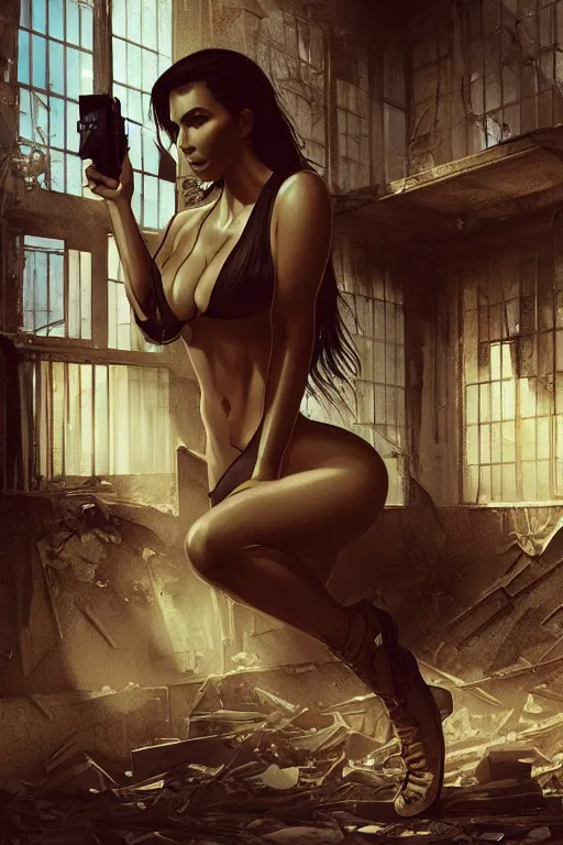 Image similar to photo of kim kardashian as a cop inside a derelict apartment, glowing walkie talkie, realistic, long shot, symmetrical, highly detailed, digital painting, artstation, concept art, smooth, sharp focus, illustration, cinematic lighting, art by artgerm and greg rutkowski and alphonse mucha