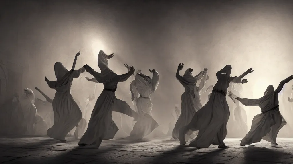 Prompt: tyrkisk sufi dance, sufi, arabic words, bysintine, gothic, 4 k, smokey, michael whelan, peter mohrbache, giovanni paolo panini style epic, volumetric light, insanely detailed, unreal engine render, artstation trends, hyper detail, epic art style, cinematic, concept art, soft white gold lights