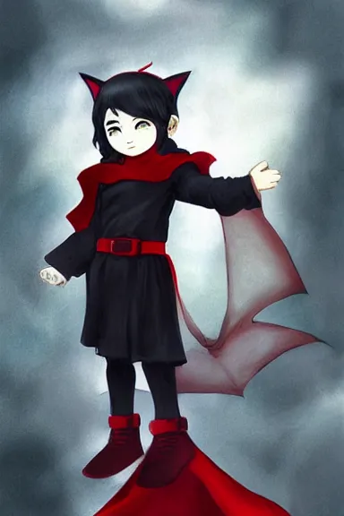 Image similar to little boy with cat ears in an black outfit with red cape. digital artwork made by lois van baarle and kentaro miura and marc simonetti, sharpness focus, inspired by hirohiko araki, anatomically correct, heroic composition, hero pose, smooth