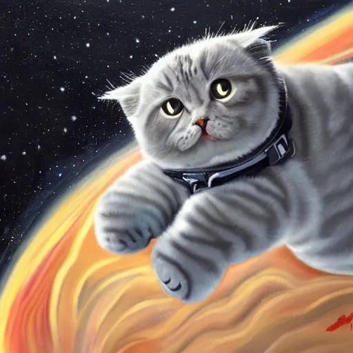 Prompt: a painting of a grey chubby scottish fold in an astronaut suit doing a spacewalk in space, by noah bradley