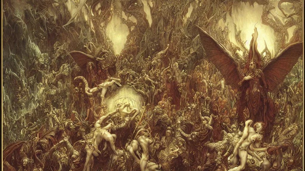 Prompt: satans fall from paradise into hell by gustave dore, james ryman, wayne barlowe, alphone mucha. beautiful color