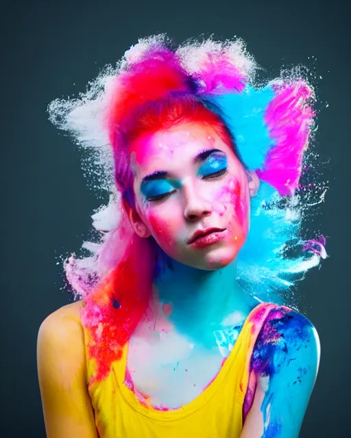 Image similar to a dramatic lighting photo of a beautiful young woman with cotton candy hair. paint splashes. with a little bit of cyan, red, yellow, pink