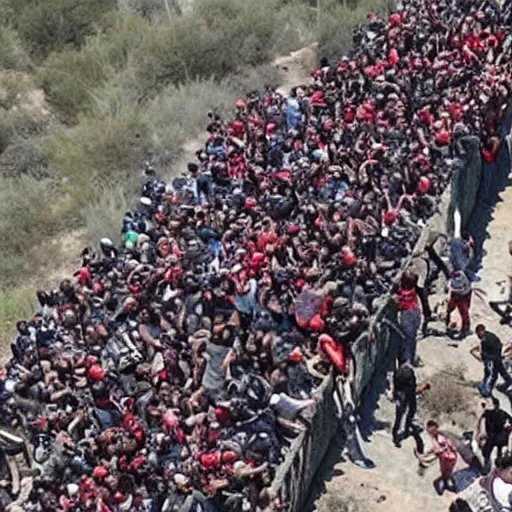 Prompt: thousands of zombified Mexicans attempt to climb Donald Trump’s Mexican border wall, he sprays his minigun at them wildly with rage