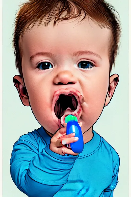 Prompt: a beautifully detailed coloured illustration of the baby boy sucking on a blue pacifier, by andrew salgado and rogier willems