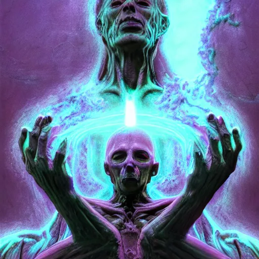 Prompt: A necromancer pulsing with necrotic energy, Art by Wayne Barlowe, power auras, sigils, tattered cloth robes, substance 3d painter, PBR textures, Physical based rendering, cinematic, hyper realism, high detail, octane render, unreal engine, 8k, Vibrant colors, Smooth gradients, High contrast, depth of field, aperture f2.8