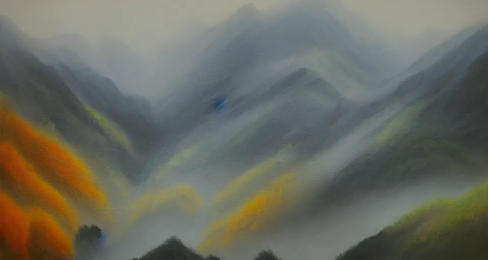 Prompt: misty zhiangjiajie mountains, beautiful painting, oil on canvas, by ewa czarniecka, award winning masterpiece,