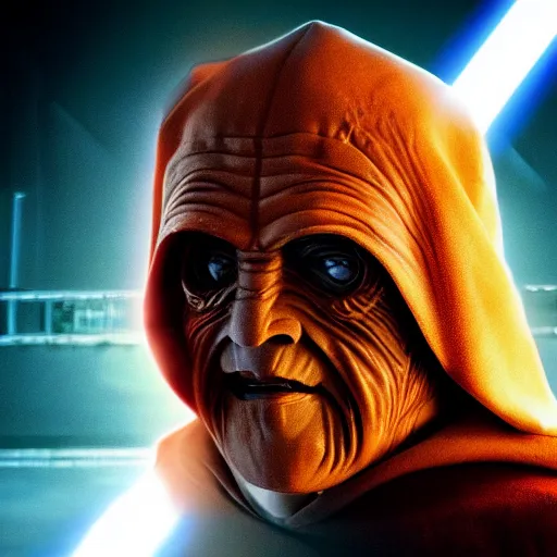 Image similar to portrait of Emperor Palpatine, Orange eyes, circles under the eyes, Star Wars movie Style, photo from the movie