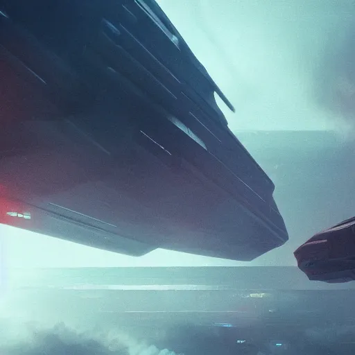 Image similar to cinematic view, giant futuristic cyberpunk spacecraft with small character silhouette in the foreground, blade runner, dense fog, bloom, cinematic lighting, ultra detailed, trending on artstation, dune style, mid tone, denis villeneuve