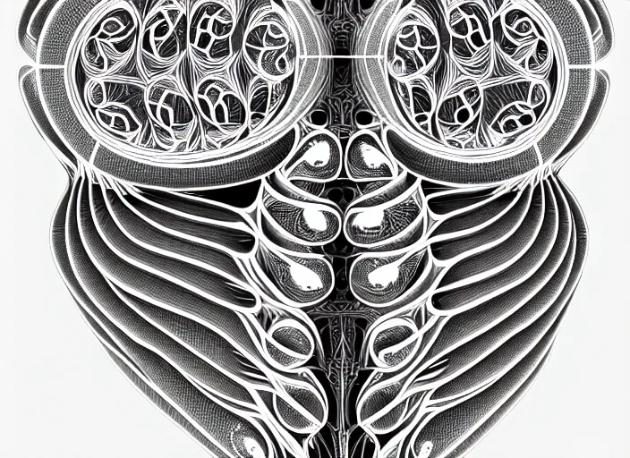 Prompt: symmetry! human fetus, intricate, filigree!, frosted, elegant, highly detailed, concept art, smooth, sharp focus, lineart, illustration, 3 d occlusion, penned with black on white on gray, 8 k