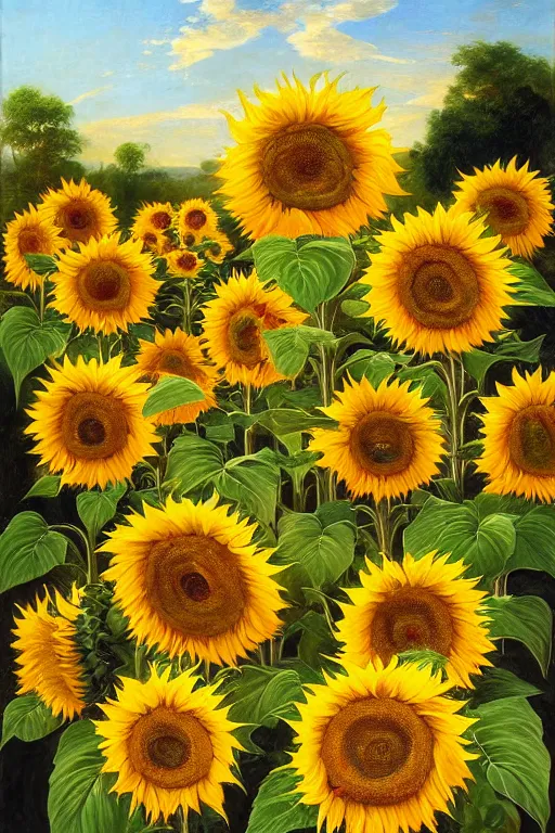 Image similar to lots of sunflowers in a garden, golden hour, artstation, by J. C. Leyendecker and Peter Paul Rubens