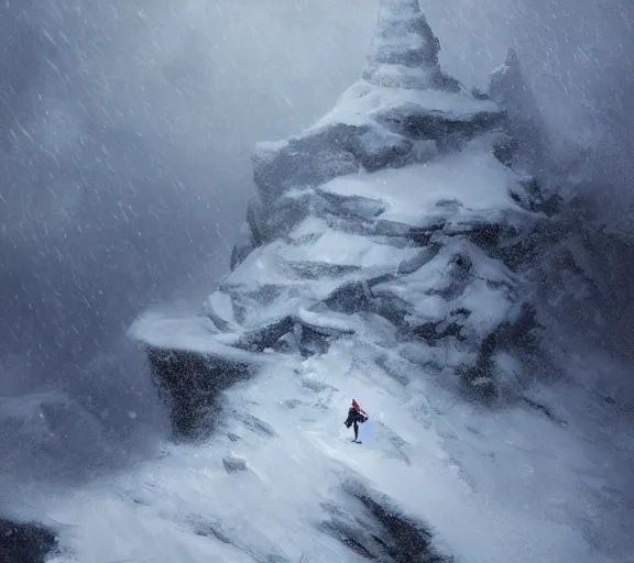 Image similar to a climber climbs a snowy mountain in a storm, close view, painting by craig mullins, octane rendering, soft morning lighting, wide angle lens, in the style of hayao miyazaki, trending on artstation,