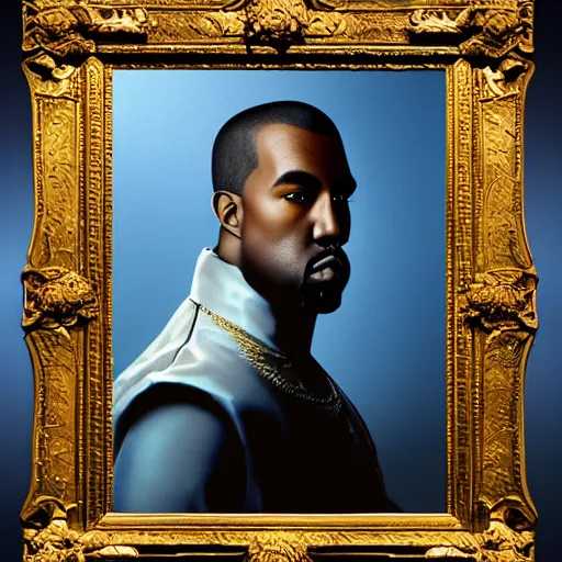 Image similar to Portrait of Kanye West dressed as emperor napoleon, splash art, cinematic lighting, dramatic, octane render, long lens, shallow depth of field, bokeh, anamorphic lens flare, 8k, hyper detailed, 35mm film grain