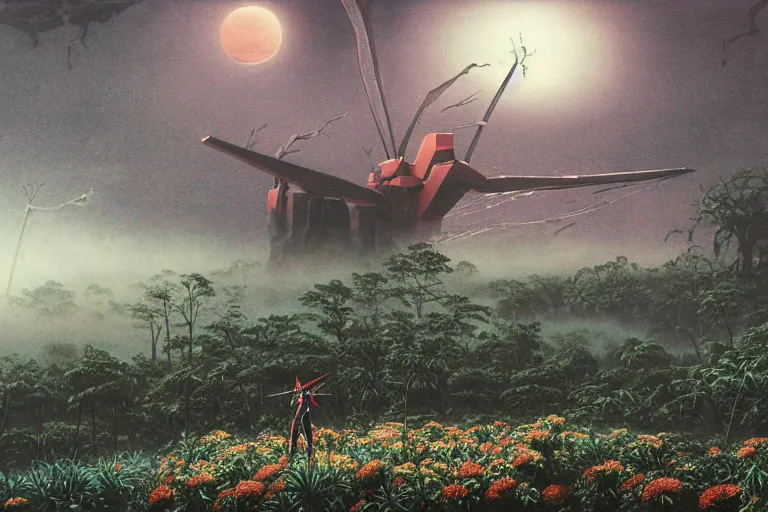 Prompt: matte painting, gigantic huge evangelion - like giant robot covered with flowers, a lot of exotic vegetation, trees, flowers, tall grass, pastel dull colors, staying in the foggy huge dark night forest covered with web and cotton and a lot of glow - worms, by moebius, hyperrealism, intricate detailed, risograph