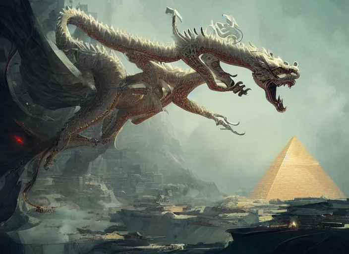 Image similar to luxurious white chinese dragon hovering side of a cyberpunk egyptian pyramid, by greg rutkowski, james jean, peter mohrbacher, rule of thirds, sigma look, beautiful, intricate, majestic, award winning