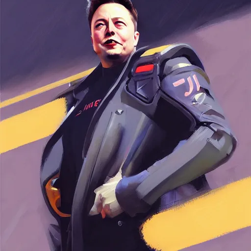 Prompt: greg manchess portrait painting of elon musk with jet engine as overwatch character, medium shot, asymmetrical, profile picture, organic painting, rainy day, matte painting, bold shapes, hard edges, street art, trending on artstation, by huang guangjian and gil elvgren and sachin teng