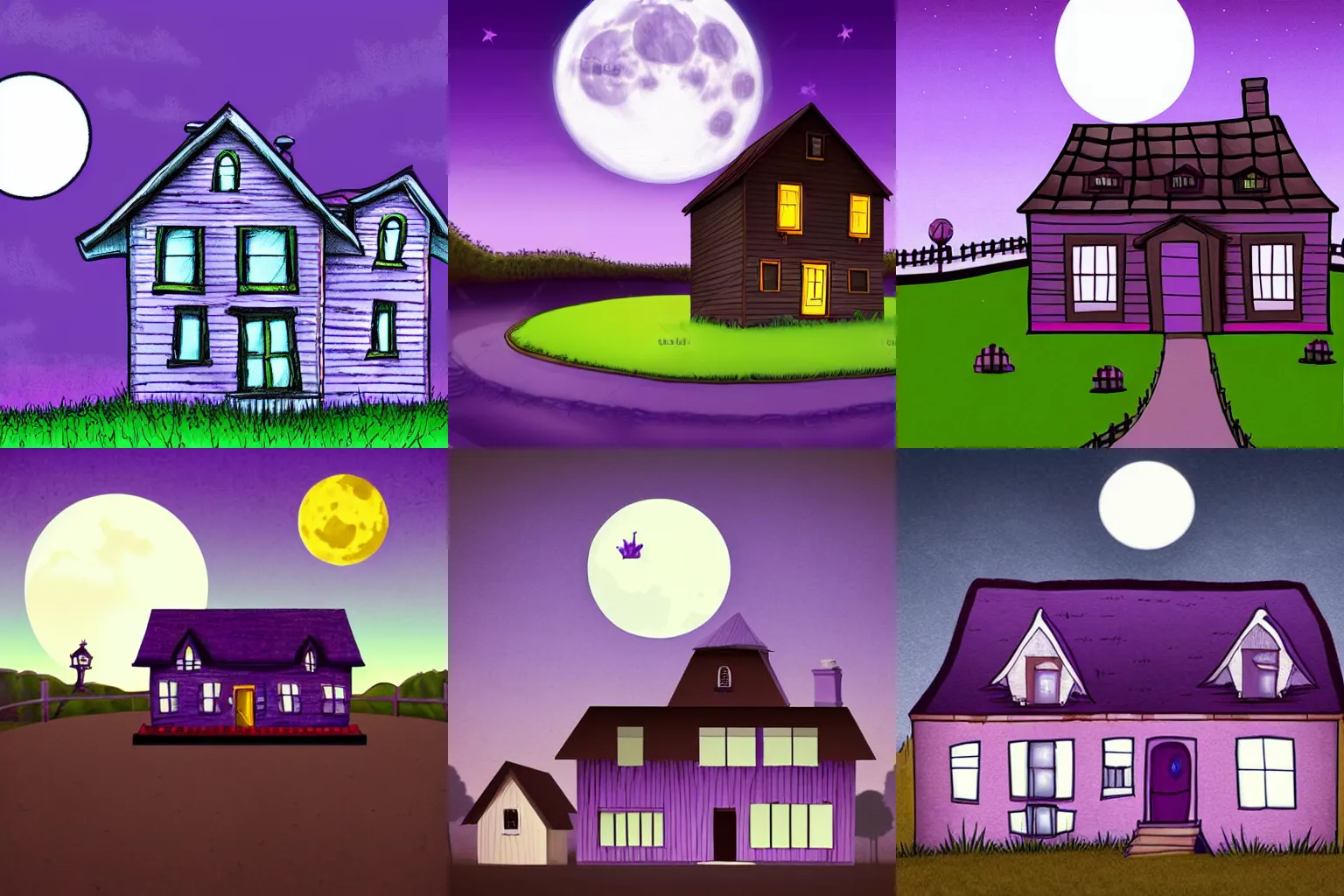 Prompt: A creepy house under a full moon | Cartoon art style | Brown house | Purple sky