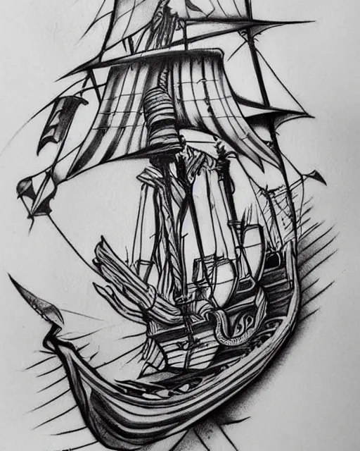 Image similar to A tattoo design sketch of a realistic pirate ship, on paper, black and white, highly detailed, realistic tattoo, trending on pinterest