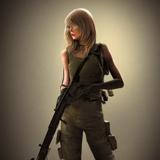 Prompt: Taylor Swift carrying a rifle, trending on artstation