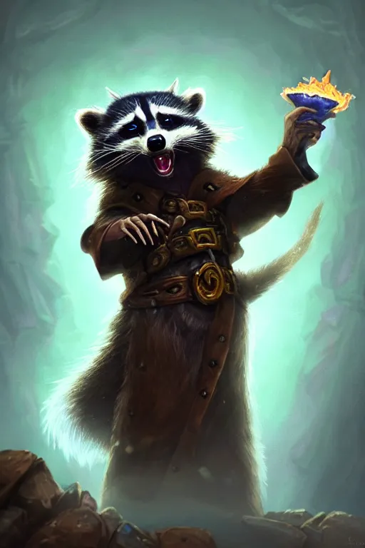 Prompt: closeup 3 5 mm anthropomorphic sorcerer raccoon casting a spell in a castle, d & d, fantasy, intricate, action pose, particle effects, highly detailed, digital painting, artstation, concept art, matte, sharp focus, volumetric lighting, illustration, hearthstone, art by artgerm, wlop, greg rutkowski and alphonse mucha