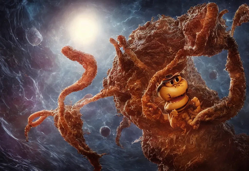 Image similar to eldritch horror bloody garfield in space, hd, 8 k, giant, epic, realistic photo, unreal engine, prophecy, powerful, cinematic lighting, destroyed planet, debris, violent, sinister, ray tracing, dynamic, epic composition, dark, horrific, teeth, grotesque, monochrome drawing, hellscape, corpses, foreboding, lightning, garfield cartoon eyes