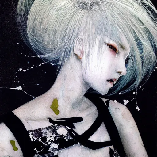 Image similar to Yoshitaka Amano realistic illustration of an anime girl with white hair and cracks on her face wearing dress suit with tie fluttering in the wind, abstract black and white patterns on the background, noisy film grain effect, highly detailed, Renaissance oil painting, weird portrait angle