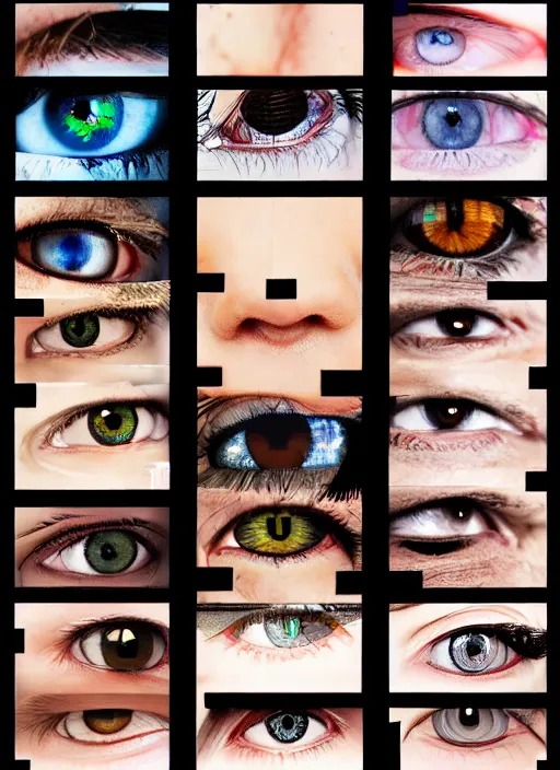 Image similar to grid montage of eyes, square dilated pupils, detailed colored textures, eyelashes, advanced art, art styles mix, from wikipedia, wet reflections in eyes, sunshine light, hd macro photograph, from side, various eyelid positions, square black pupil centered