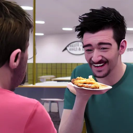 Image similar to Jacksepticeye eating in McDonald's with Markiplier, shot on iphone, photorealistic, realistic lighting,