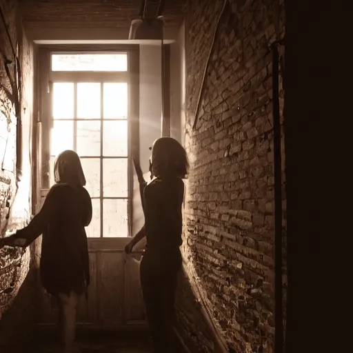 Prompt: In the corridor of an old wooden loft, six people are walking forward, the fourth woman holds an antenna in her hand and looks back to the ground, a beam of light shines on the woman through the overhead window, the man in front of her looks on she.