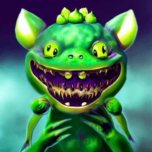 Image similar to terrifying aesthetic portrait of bulbasaur, nightmare, teeth, demonic, hyperrealistic, super cute, character design, artstation, 4 k, ultra detailed digital art