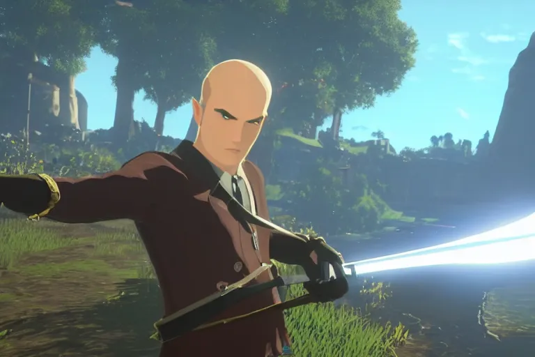 Image similar to hitman agent 4 7 holding master sword in botw, breath of the wild screenshot