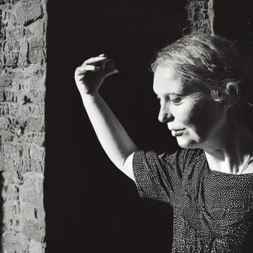 Prompt: a portrait of a woman made entirely of hands and fingers, soft sunlight dappling on her, she holds a hand puppet, in ancient airy building, award-winning photo