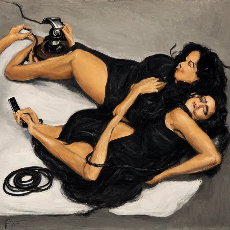 Prompt: Ground Level Shot, long shot of a beautiful dark haired woman wearing a black dress, laying on her back on a bed, holding old telephone hand peice with twisted cable by fabian perez