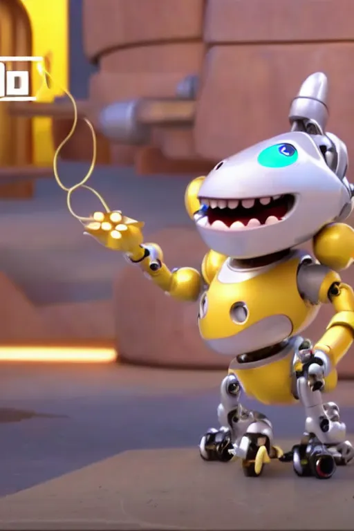 Image similar to Robot dog spins around its axis trying to bite his own tail. Pixar Disney 4K render 3d funny animation movie Oscar winning