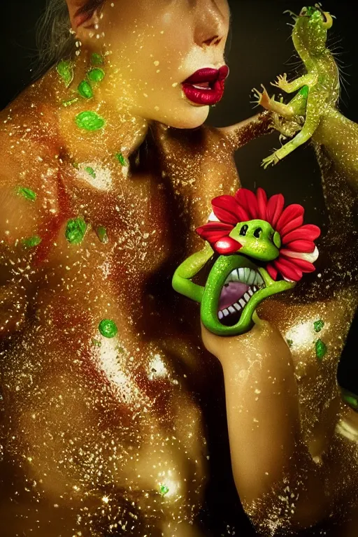 Image similar to hyperrealistic anthropomorphic cartoon 3 d unreal engine red and white polka dot venus fly trap shiny luscious lips slick wet tongue, cinematic lighting golden hour wedding photography