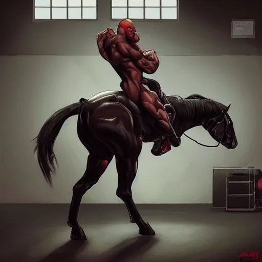 Image similar to a hulking musclebound male anthro horse wearing a tactical suit in a research facility, black suit with red highlights, exaggerated physique, highly detailed, anthro art, furaffinity, digital painting, artstation, sharp focus, smooth, concept art, illustration, art by artgerm, greg rutkowski, wlop