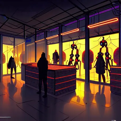 Image similar to inside a robotic shop store in The City of Lisbon at night with a few customers, extreme plus resolution scifi concept art, intricate details to everything visible, sharp lighting, Dramatic light by denis villeneuve, strong emphasis on alphonse mucha, Makoto Shinkai