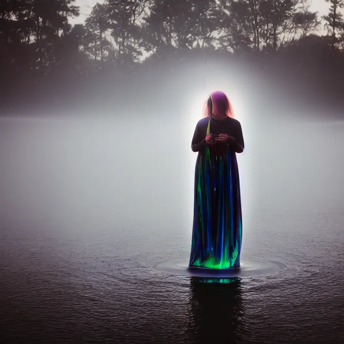 Image similar to a closeup portrait of a woman wrapped in plastic, standing next to a levitating iridescent vinyl orb, in a foggy lake, color photograph, by vincent desiderio, canon eos c 3 0 0, ƒ 1. 8, 3 5 mm, 8 k, medium - format print