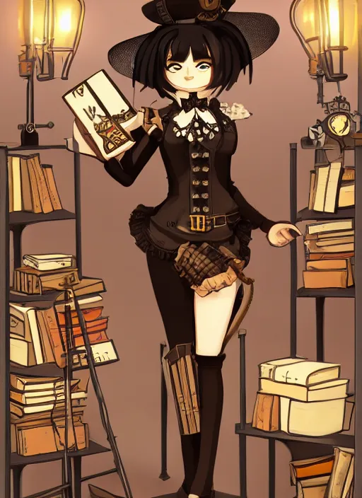 Image similar to a full shot of a steampunk female maid with a black bob hair style holding a stack of books, standing in a steampunk reading room. in a steampunk reading room. digital illustration, soft lighting lighting, 8K, anime, trending on ArtStation, digital art.