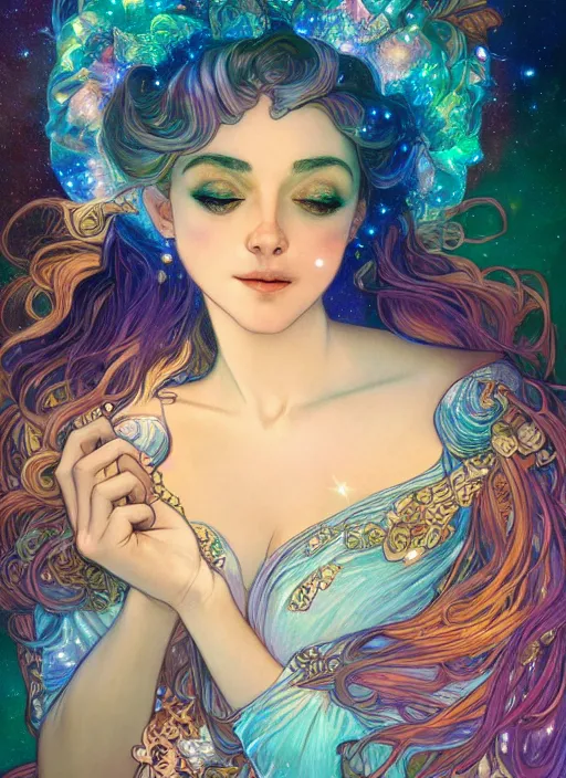 Image similar to Galaxy Goddess, ambient lighting, 4k, josephine wall, alphonse mucha, lois van baarle, ilya kuvshinov, rossdraws, artstation